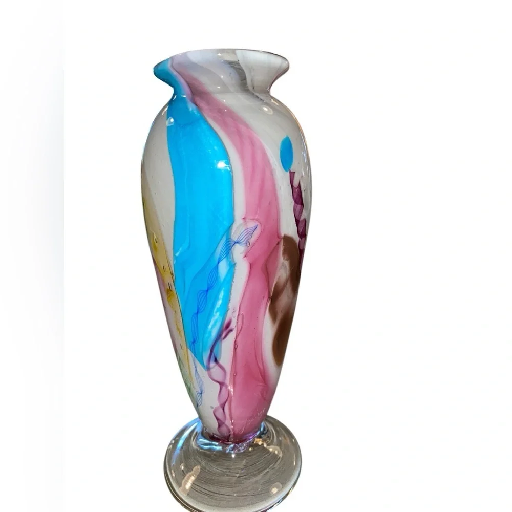 Blown Glass Art Vase Gorgeous white pink blue yellow brown signed great gift